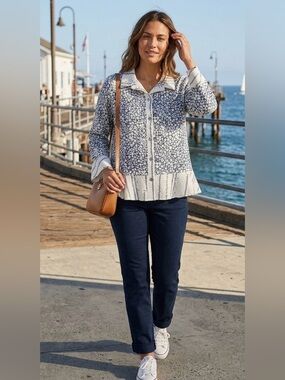 Habitat Pucker Weave Navy White Floral Flounce Button Down Shirt Size S